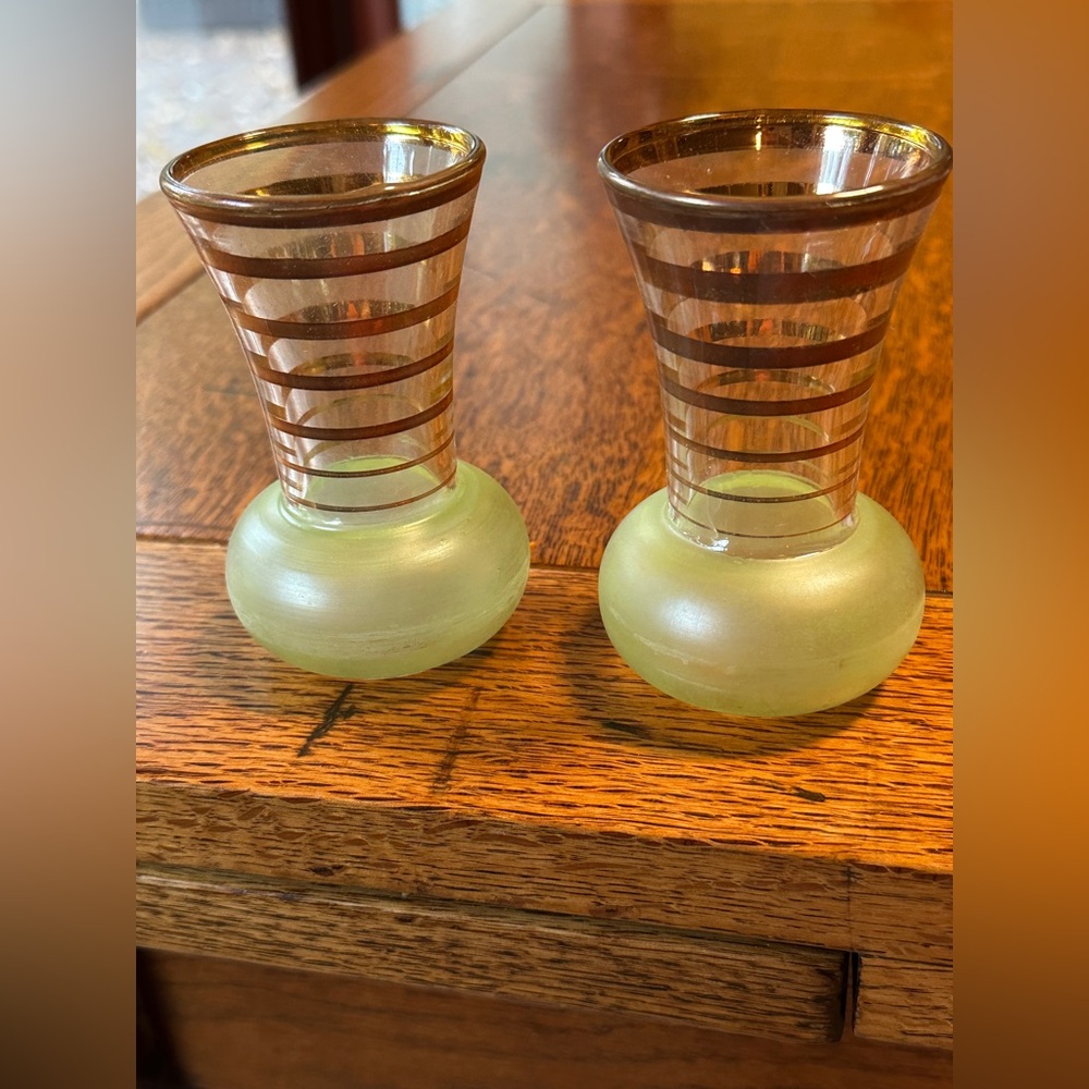 New Vintage MCM Frosted Aperitif Glasses Bud Vase Green Bartlett Collins Set 2